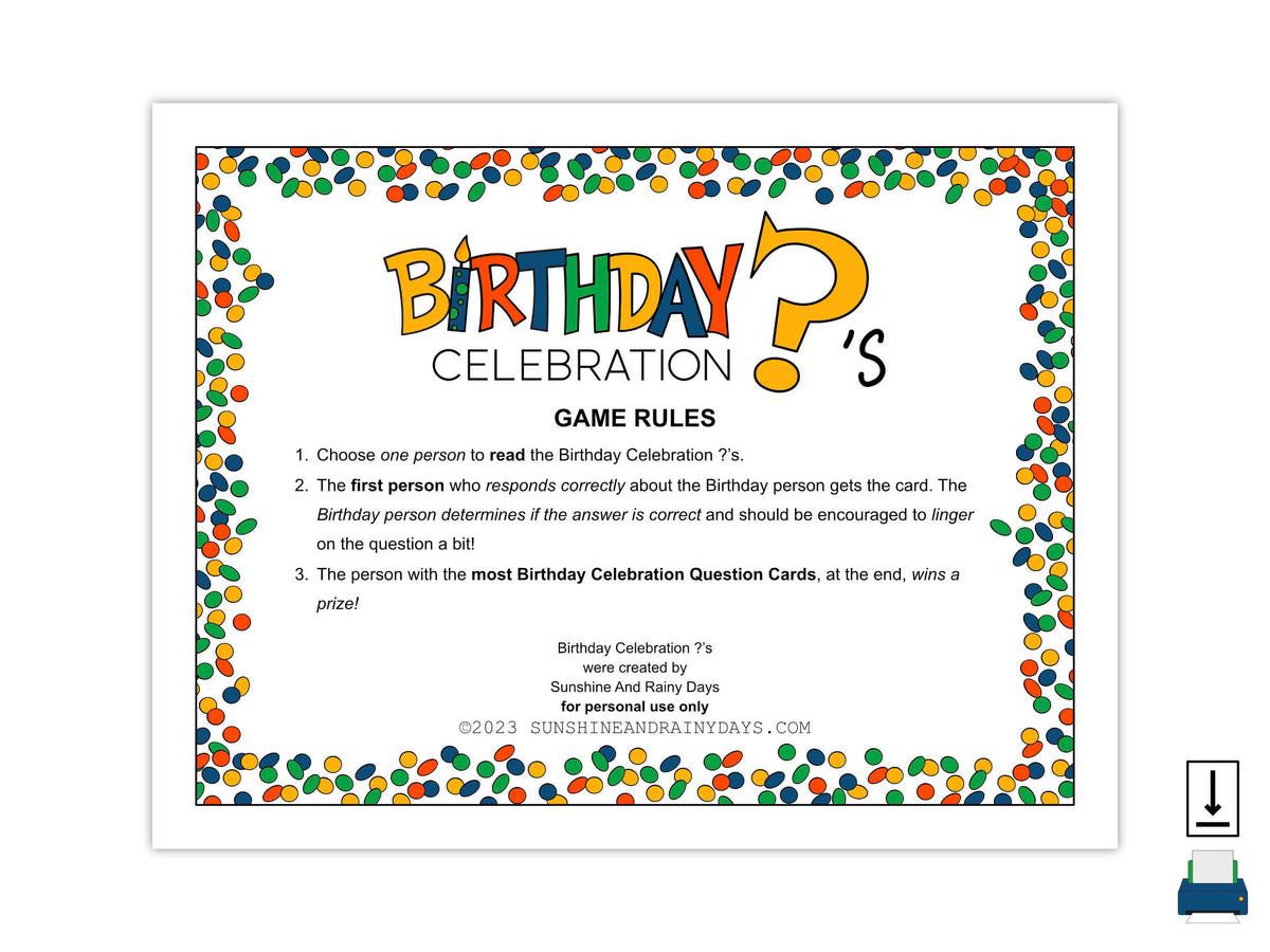 Birthday Celebration Questions (PDF) – Sunshine And Rainy Days