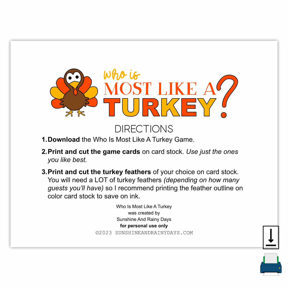 who is most like a turkey thanksgiving game (pdf)