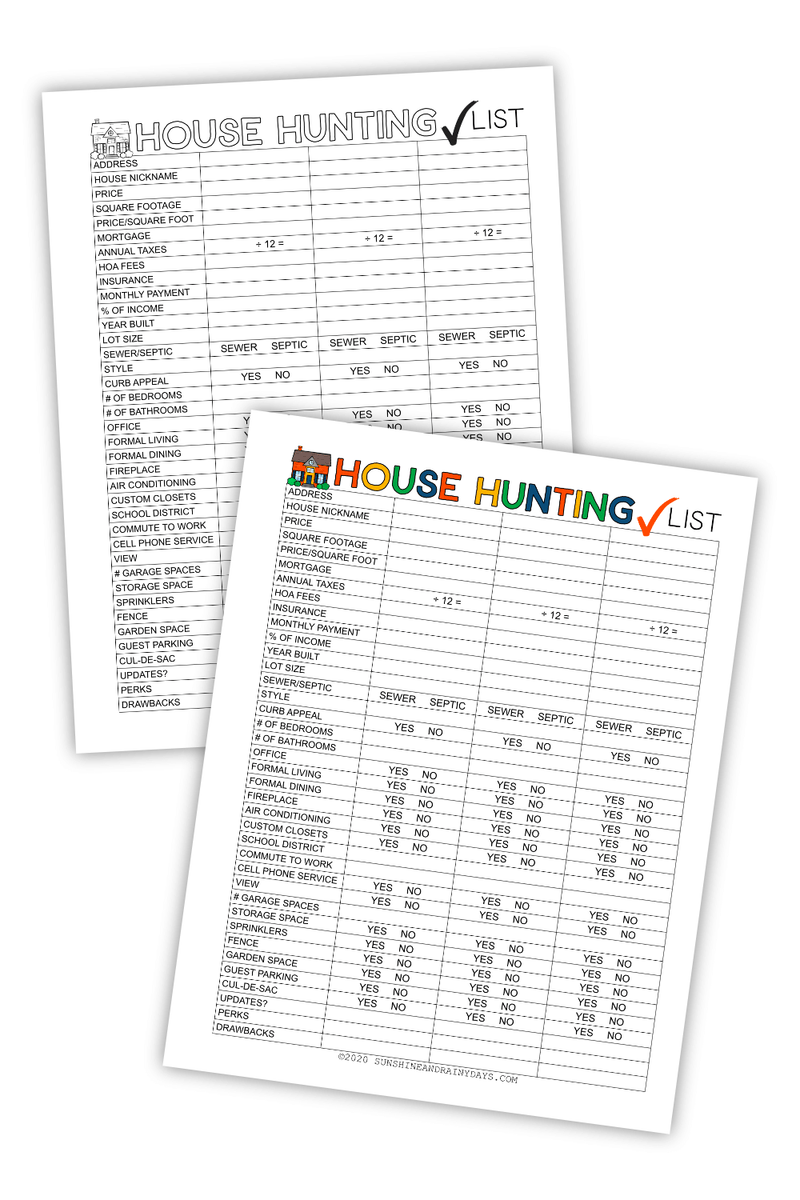 House Hunting Checklist (PDF) Sunshine And Rainy Days