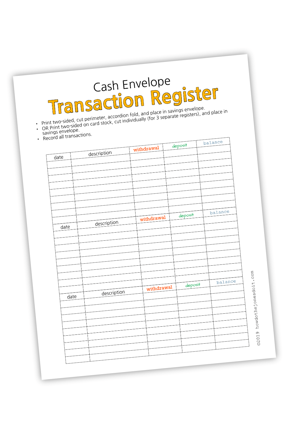 Transaction Register For Cash Envelopes (PDF)